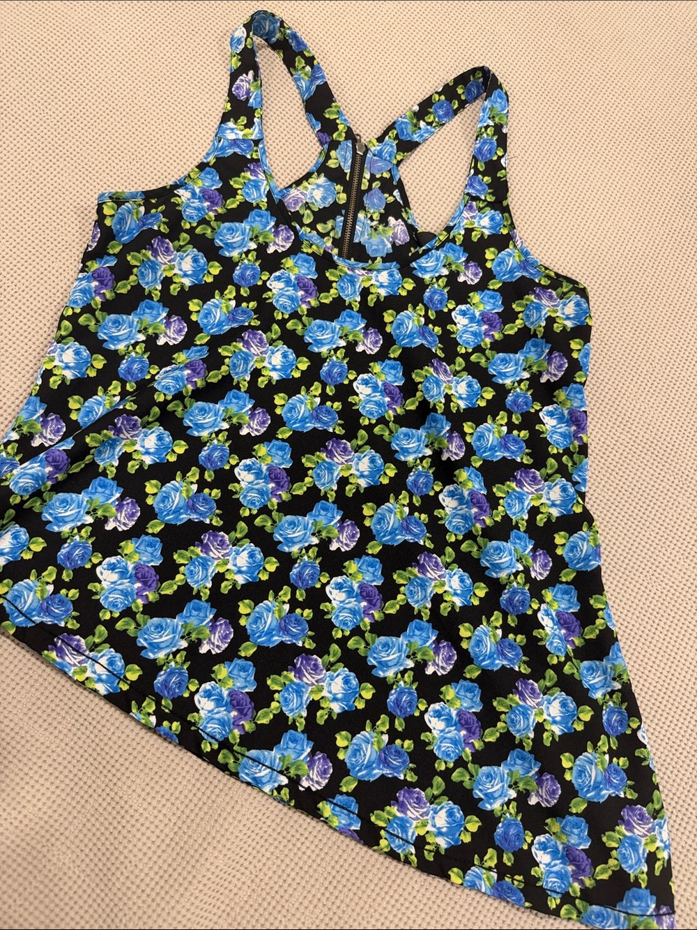 Material Girl Black Floral Racerback Tank Top with Blue Roses